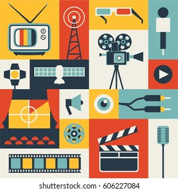 Cinema, vector flat illustration. icon set. tv background. Glasses, microphone, play, eye, clapper, wire, theater.