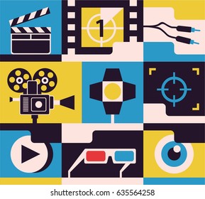 Cinema, vector flat illustration, movie icon set, video background. Clapper, film, wire, camera, projector, play, 3d glasses, eye
