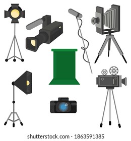 Símbolos decorativos dibujados a mano por vectores de cine con pantalla, cámara de cine. Ilustración de esbozo