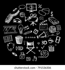 Cinema vector hand drawn decorative symbols set