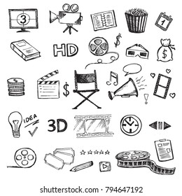 Cinema vector hand drawn decorative symbols set