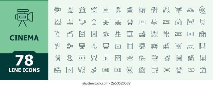 Cinema vector icon set. Contains such icons as tv, entertainment, movie, camera, film and more. Entertainment icon collection. Minimalist linear icons. Editable stroke. Pixel Perfect.