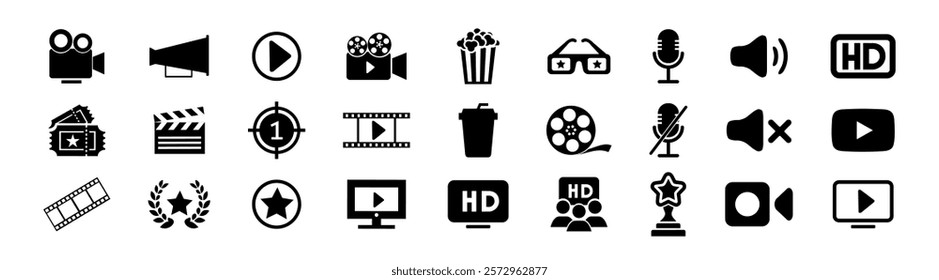Cinema vector icon set. Movie illustration symbol collection. Entertainment sign or logo.