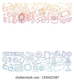 Cinema vector icons. Background with popcorn, movie illustration, musical notes.