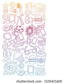 Cinema vector icons. Background with popcorn, movie illustration, musical notes.