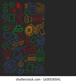 Cinema vector icons. Background with popcorn, movie illustration, musical notes.