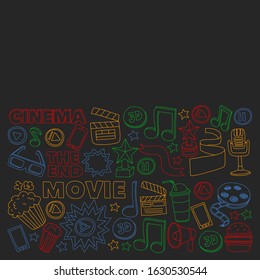 Cinema vector icons. Background with popcorn, movie illustration, musical notes.