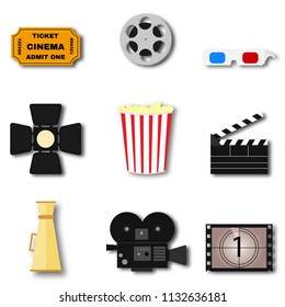 Cinema vector icons, elements in a paper art style on a white background. To rent and watch a movie in the cinema decorative elements. Accessories cinemas 3d glasses, popcorn, ticket, projector, scree