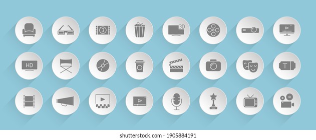 iconos vectoriales de cine en círculos redondos de papel puffy con sombras transparentes sobre fondo azul. Iconos vectoriales de stock para diseño de interfaz web, móvil y de usuario
