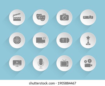 cinema vector icons on round puffy paper circles with transparent shadows on blue background. Stock vector icons for web, mobile and user interface design