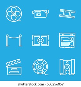 cinema vector icons. Set of 9 cinema outline icons such as Red carpet barrier, movie clapper, movie tape, camera, film tape, camera tape