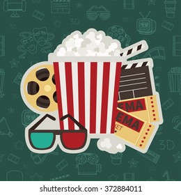Cinema. Vector illustration.Popcorn, film tape and  glasses