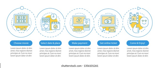 Cinema Vector Infographic Template. Film Ticket Booking. Movie Premiere. Business Presentation Design Elements. Data Visualization With Five Steps And Options. Process Timeline Chart. Workflow Layout