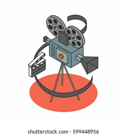 Cinema, vector isometric outline illustration, tv icon set, white background. Video camera, film, clapper