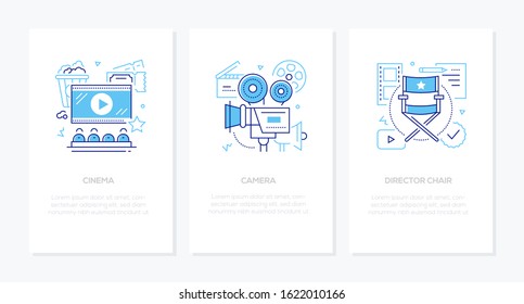 Cinema - vector line design style banners set with place for text. Watching a movie, camera and director chair linear illustrations with icons. Images of a hall, tickets, popcorn and clapperboard