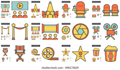 Cinema vector line icon set isolated on white background. Cinema line icon set for infographic, website or app. Scalable icon designed on a grid system.