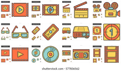 Cinema vector line icon set isolated on white background. Cinema line icon set for infographic, website or app. Scalable icon designed on a grid system.