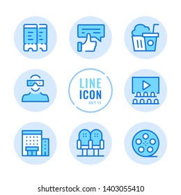 Cinema vector line icons set. Movie theater, seats, film reel, popcorn, tickets outline symbols. Modern simple stroke graphic elements. Round icons