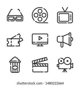 Cinema vector line icons set. television, movie, film, clip, ticket and more. Editable stroke