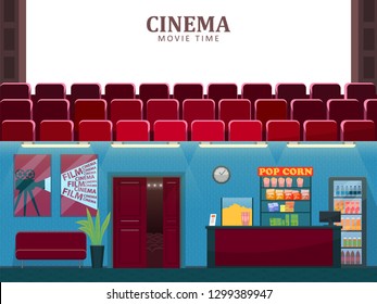 Cinema vector, movie theatre interior with sofa. Entertainment hall with seats for watching films, plant in pot, foliage decor, counter with food and snacks