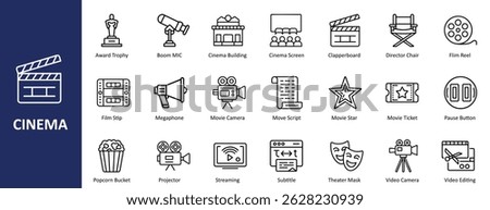 Cinema Vector Outline Icon Set – Film, Movie, Entertainment Line Art Collection. Cinema Icon Set
