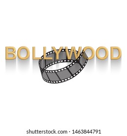 Cinema vector poster design template. 3d golden text of Bollywood decorated with filmstrip on white background, vector EPS 10 format