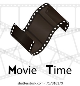 Cinema vector poster design template. Movie time background banner shining film strip sign.