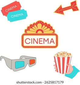 Cinema Vector Set with Popcorn, Tickets, 3D Glasses and Movie Elements — Flat Design Icons for Entertainment and Film Industry