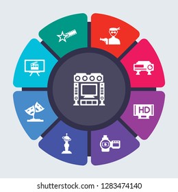 cinema vector template for infographics. Business concept with 9 options, steps, parts, segments. Banner infographic cycling diagram, round chart, home cinema, Hollywood Star, hitman icons