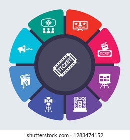 cinema vector template for infographics. Business concept with 9 options, steps, parts, segments. Banner infographic cycling diagram, round chart, Ticket, Theatre, subtitle, studio icons