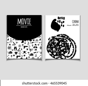 Cinema vector template set. Movie genre theme: action, romance, comedy, drama, detective, horror, fantasy. Black and white illustration for posters, greeting cards, flyers and banners, web designs.