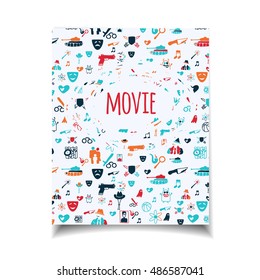 Cinema vector template set. Movie genre theme: action, romance, comedy, drama, detective, horror, fantasy. Colored illustration for posters, greeting cards, flyers and banners, web designs.