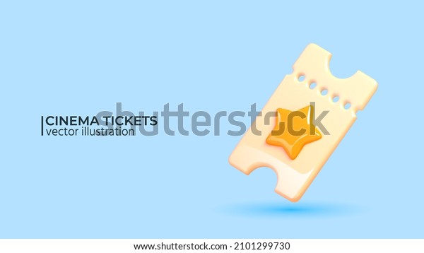 Cinema vector ticket on blue background.\
Realistic 3d design. Trendy yellow and blue colors. Design in\
cartoon style. Vector\
illustration