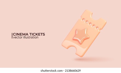 Cinema vector ticket on pink background. Realistic 3d design in trendy colors. Design in cartoon style. Vector illustration