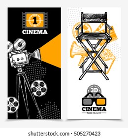 Cinema vertical banners with camera tape  director chair and 3d glasses vector illustration