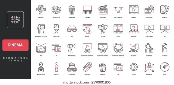 Cinema, video film premiere, movie production, entertainment, actor and actress stars line icon set. Ticket and popcorn of theatre auditorium, critics thin black and red symbols vector illustration