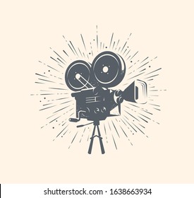 Cinema, video logo or label. Retro movie camera, TV vintage vector