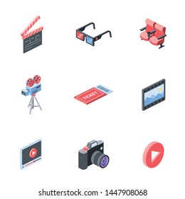 Cinema video. Vector 3d isometric, color web icons set, new flat style. Creative illustration, idea for infographics.