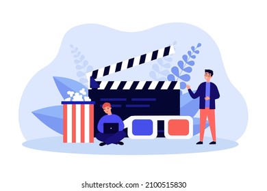 Cinema viewers with popcorn, clapperboard and 3D glasses. People and movie accessories flat vector illustration. Entertainment, cinematography concept for banner, website design or landing web page