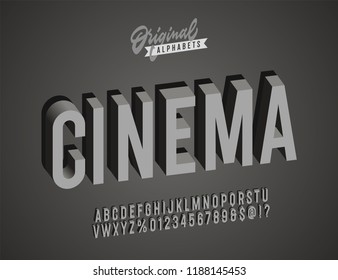 'Cinema' Vintage 3D Noir Style Alphabet. Retro Typography. Vector Illustration.