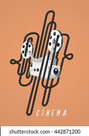 Cinema. Vintage poster with movie projector and film