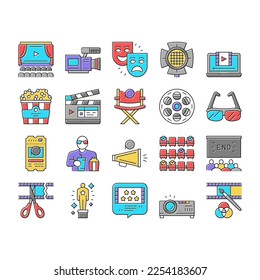 Cinema Watch Movie Entertainment Icons Set Vector. Booking Ticket And Buying Popcorn With Drink For Watching Film In Cinema, Projector And 3d Glasses Tool Line. Color Illustrations