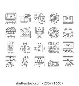 Cinema Watch Movie Entertainment Icons Set Vector. Booking Ticket And Buying Popcorn With Drink For Watching Film In Cinema, Projector And 3d Glasses Tool Black Contour Illustrations