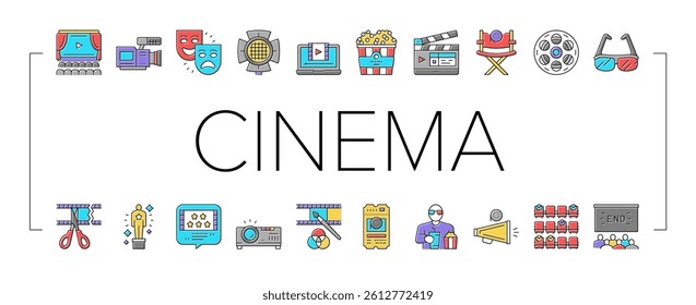 Cinema Watch Movie Entertainment Icons Set Vector. Booking Ticket And Buying Popcorn With Drink For Watching Film In Cinema, Projector And 3d Glasses Tool Line. Color Illustrations