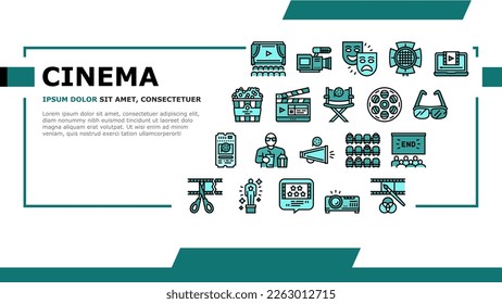 Cinema Watch Movie Entertainment Landing Web Page Header Banner Template Vector. Booking Ticket And Buying Popcorn With Drink For Watching Film In Cinema, Projector And 3d Glasses Tool Illustration