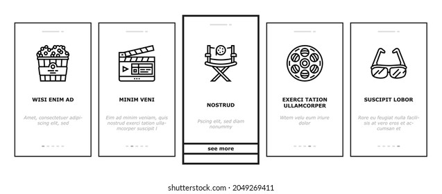 Cinema Watch Movie Entertainment Onboarding Mobile App Page Screen Vector. Booking Ticket And Buying Popcorn With Drink For Watching Film In Cinema, Projector And 3d Glasses Tool Illustrations