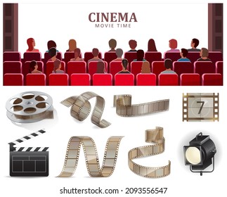 Cinema watch movie theater empty screen template with group of people sitting before white screen. Spectators watching movie. Auditorium, show and concert, audience oresentation, art and entertainment