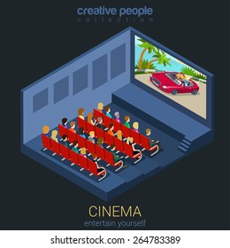 Cinema Watch Movie In Theater Template Mockup Concept Flat 3d Isometric Web Infographic Vector. Creative People Entertainment Collection. Build Your Own World. 