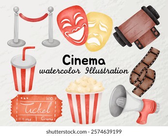 Cinema Watercolor Illustration Set - Comedy and Tragedy Masks, Popcorn, Film Reel, Movie Ticket, Megaphone, Soda Drink, and Velvet Rope - Perfect for Film-Themed Projects and Creative Designs