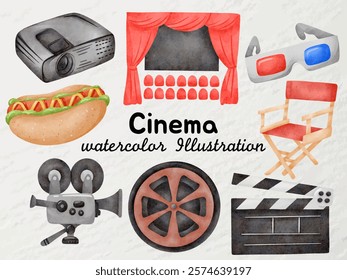 Cinema Watercolor Illustration Set - Projector, Hotdog, Movie Screen, 3D Glasses, Director’s Chair, Camera, Clapperboard, and Film Reel - Ideal for Movie-Themed Artwork, Posters, and Digital Designs